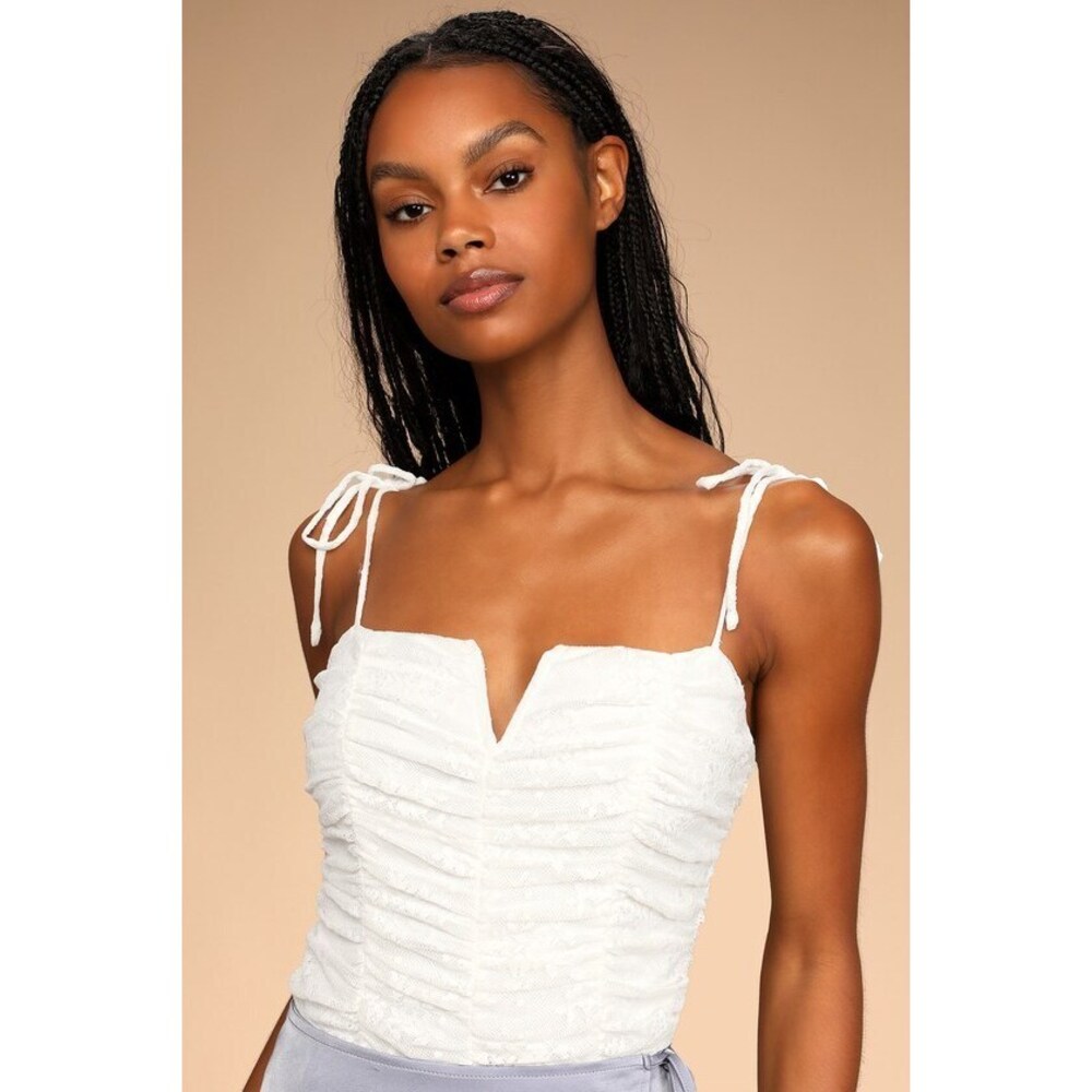 Lulus Romantic Rendezvous Ivory Lace Ruched Tie-strap Bodysuit White - Size XS